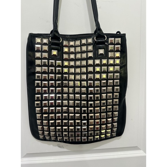 Unbranded Handbags - Black Patent Studded Tote Bag Silver Square Stud Punk Goth Shoulder Bag Large